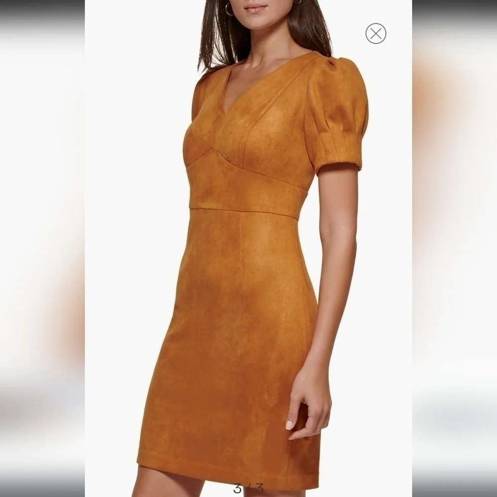 DKNY V-Neck Puff Sleeve Faux Suede Sheath Dress in pecan size 4